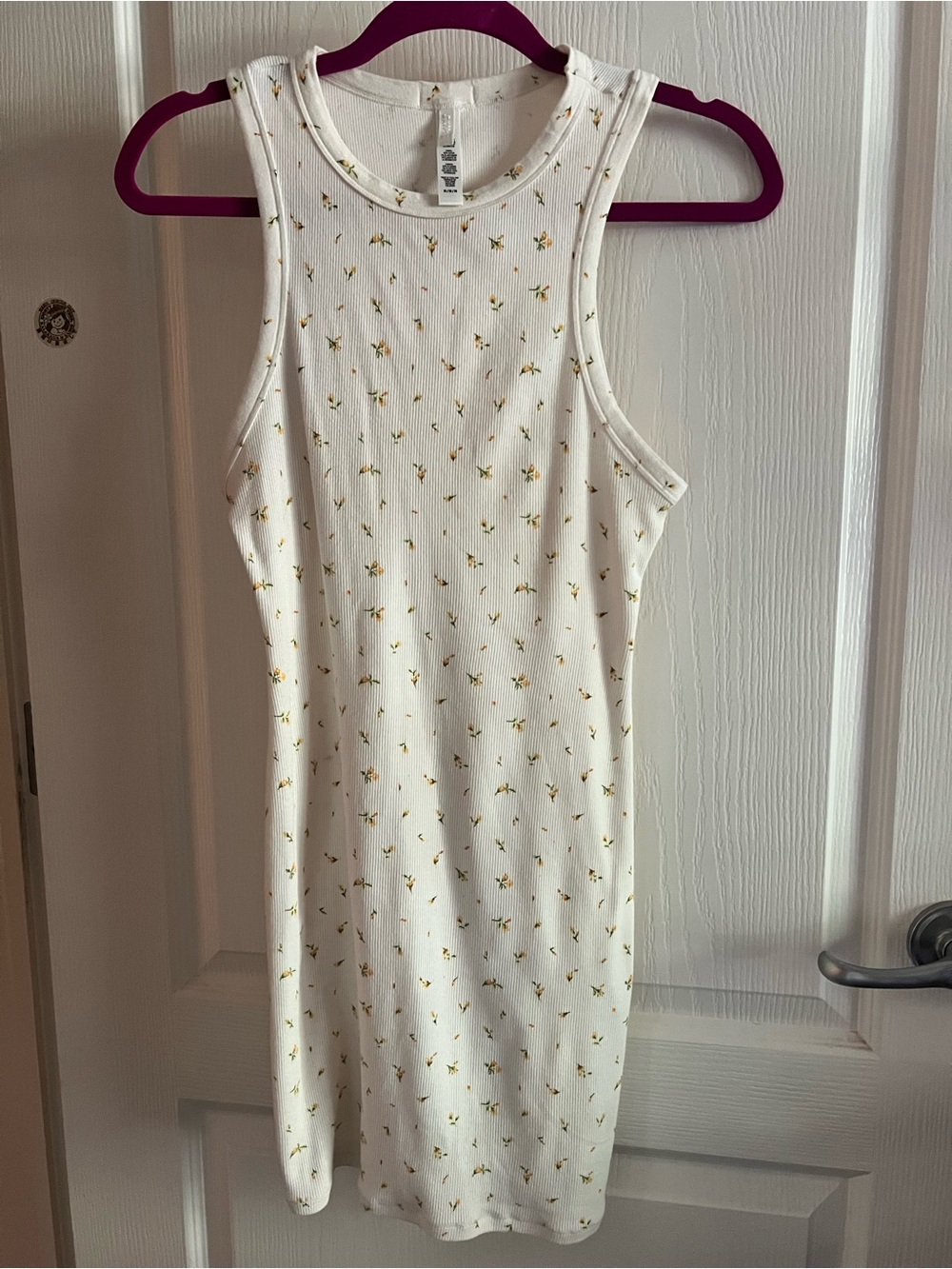 Women’s Sleeveless Ribbed Tank Dress - White with Yellow Floral